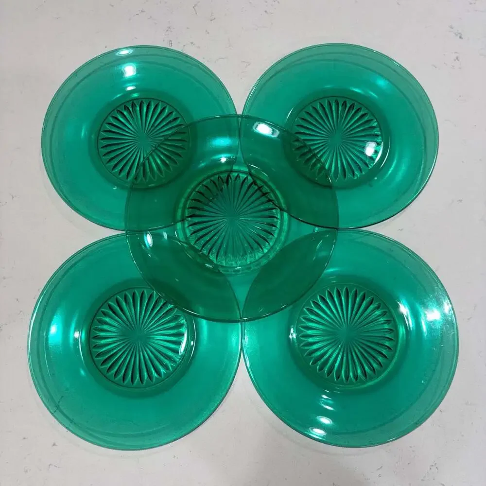 Vintage Emerald Green Pressed Glass Starburst Center Salad Plates Set of 5